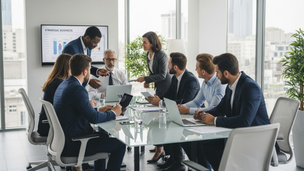 Business professionals meeting in a modern office setting for a collaborative discussion