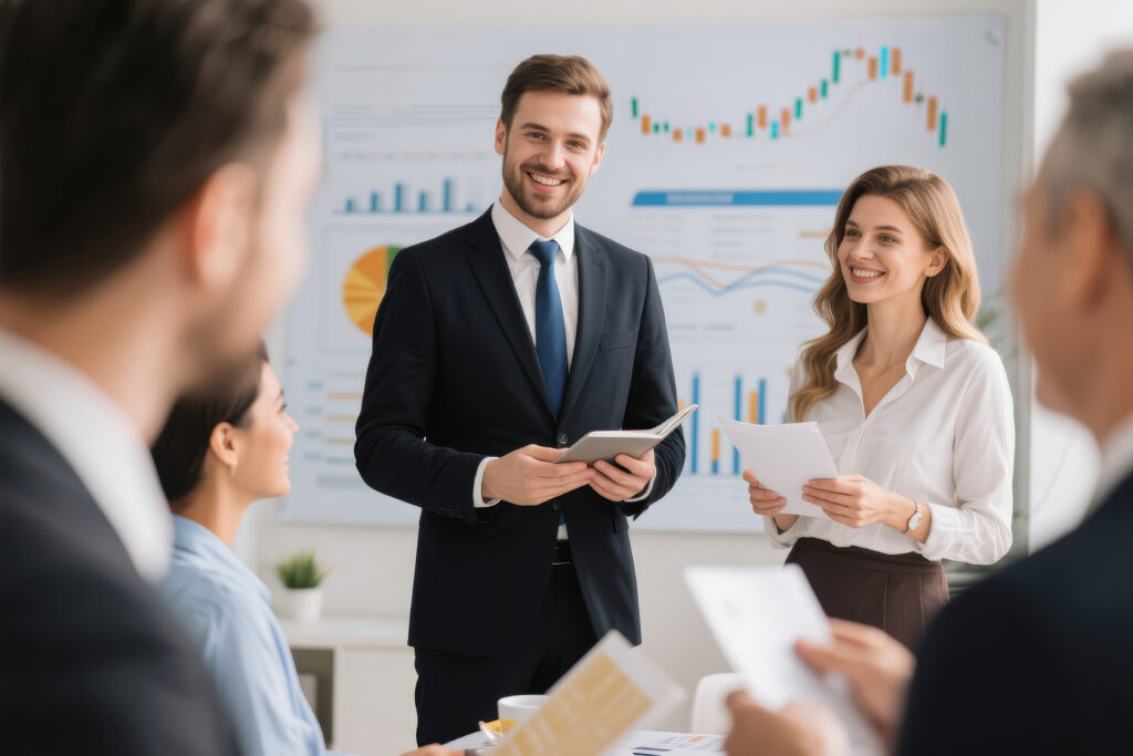 Engaging Financial Wealth Advisor Team Meeting Modern Office Business Strategy Discussion Professional Environment Collaborative Viewpoint