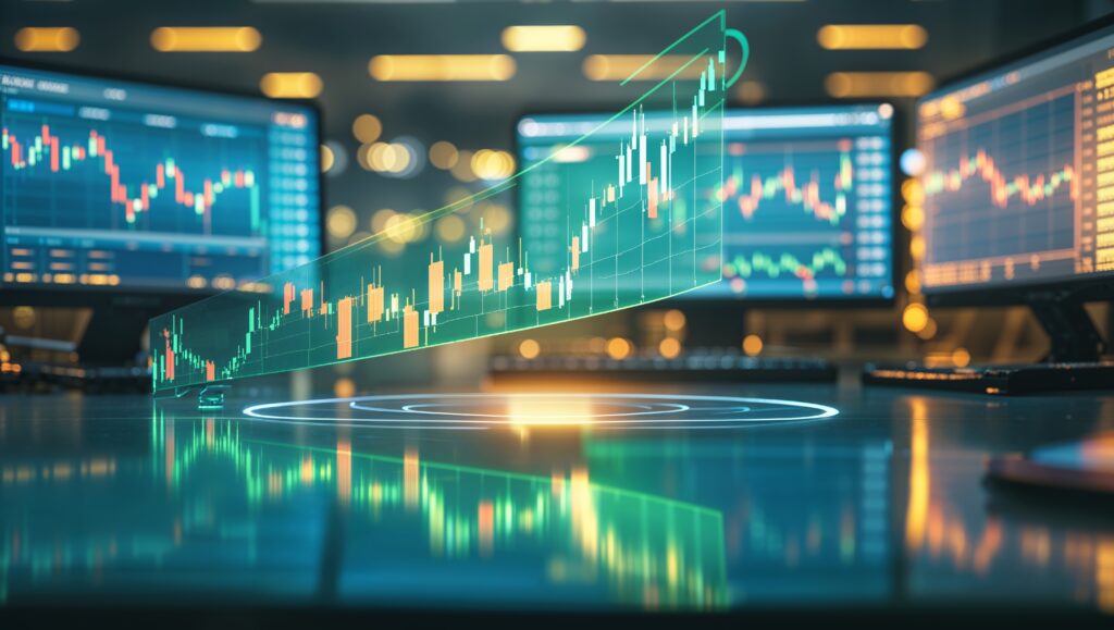 Financial market analysis showing upward trends with vibrant graphs and charts in a modern trading environment