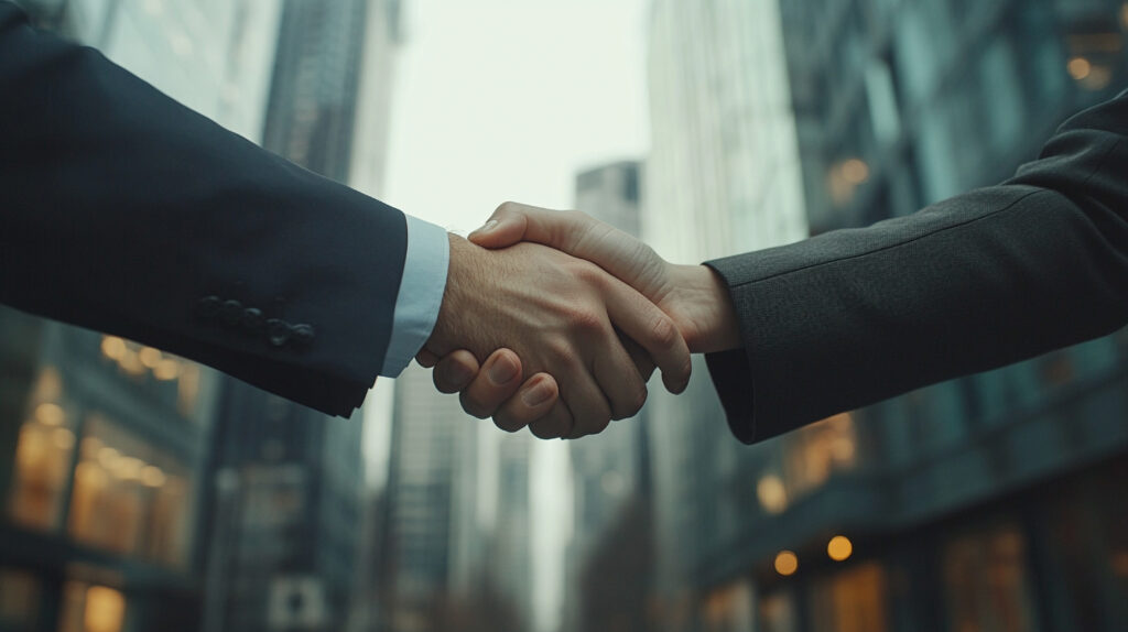 successful businessman shaking hands with focus on womens hands in agreement blurred modern buildings chaos 10 ar 169 stylize 200 v 61 Job ID 346ceba629c041b1a0b92eb4d3041407